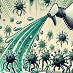 Sprühende Chlorreinigerflasche, die dynamisch eine Gruppe Schimmelflecken verfolgt.