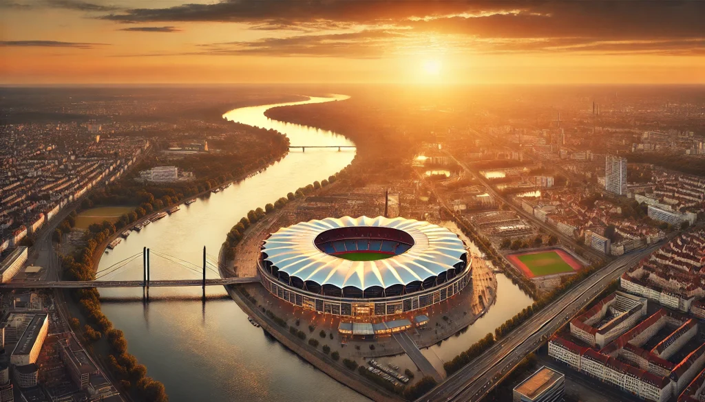 Luftaufnahme des BayArena Stadions in Leverkusen mit Blick auf den Rhein bei Sonnenuntergang, symbolisch für die Vielseitigkeit und Schönheit der Stadt, in der auch professionelle Entrümpelung in Leverkusen angeboten wird.