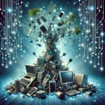 Kunstvolle Darstellung von Elektroschrott in Form eines Baumes aus alten Smartphones, Laptops und Kabeln.