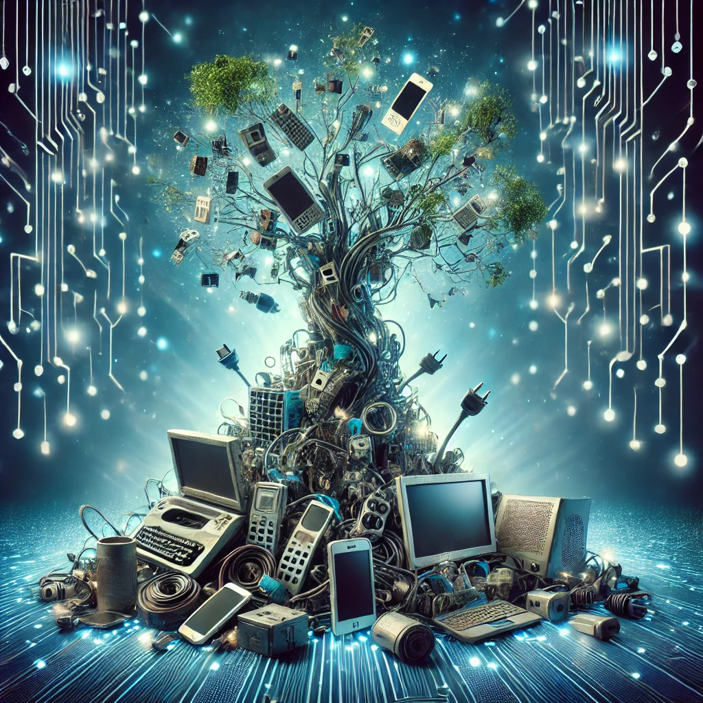 Kunstvolle Darstellung von Elektroschrott in Form eines Baumes aus alten Smartphones, Laptops und Kabeln.