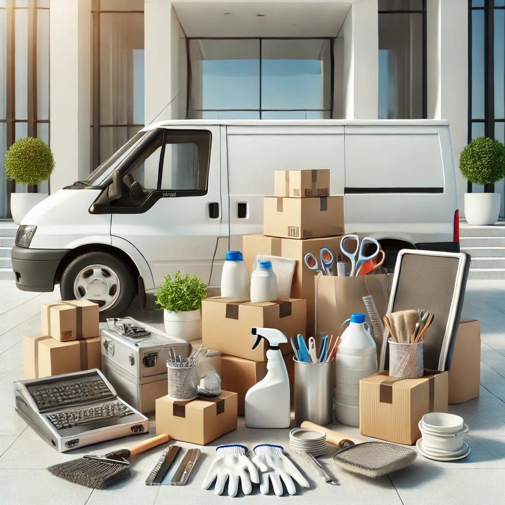 Symbolische Darstellung für die Gründung einer Entrümpelungsfirma – ordentlich angeordnete Umzugskartons, Handschuhe und Ausrüstung neben einem weißen Transporter vor einem modernen Gebäudeeingang.
