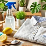 Natürliches Mittel zur Entfernung von Schimmelgeruch aus Kleidung – Shirt auf Holztisch mit Zitronenscheiben und Natron.