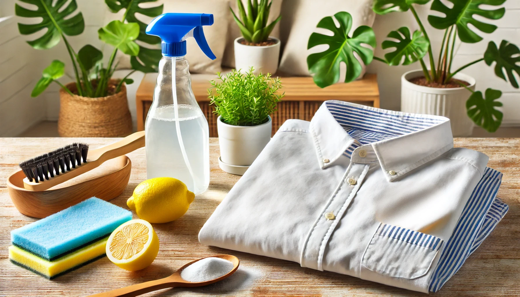 Natürliches Mittel zur Entfernung von Schimmelgeruch aus Kleidung – Shirt auf Holztisch mit Zitronenscheiben und Natron.