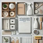 Flat-Lay-Foto mit minimalistischen Ordnungs- und Entrümpelungswerkzeugen, darunter Aufbewahrungsboxen, Etiketten, Reinigungsutensilien und ein Notizbuch.